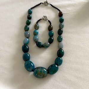 Elegant Blue Green and brown Agate Beaded Necklace and Bracelet Set